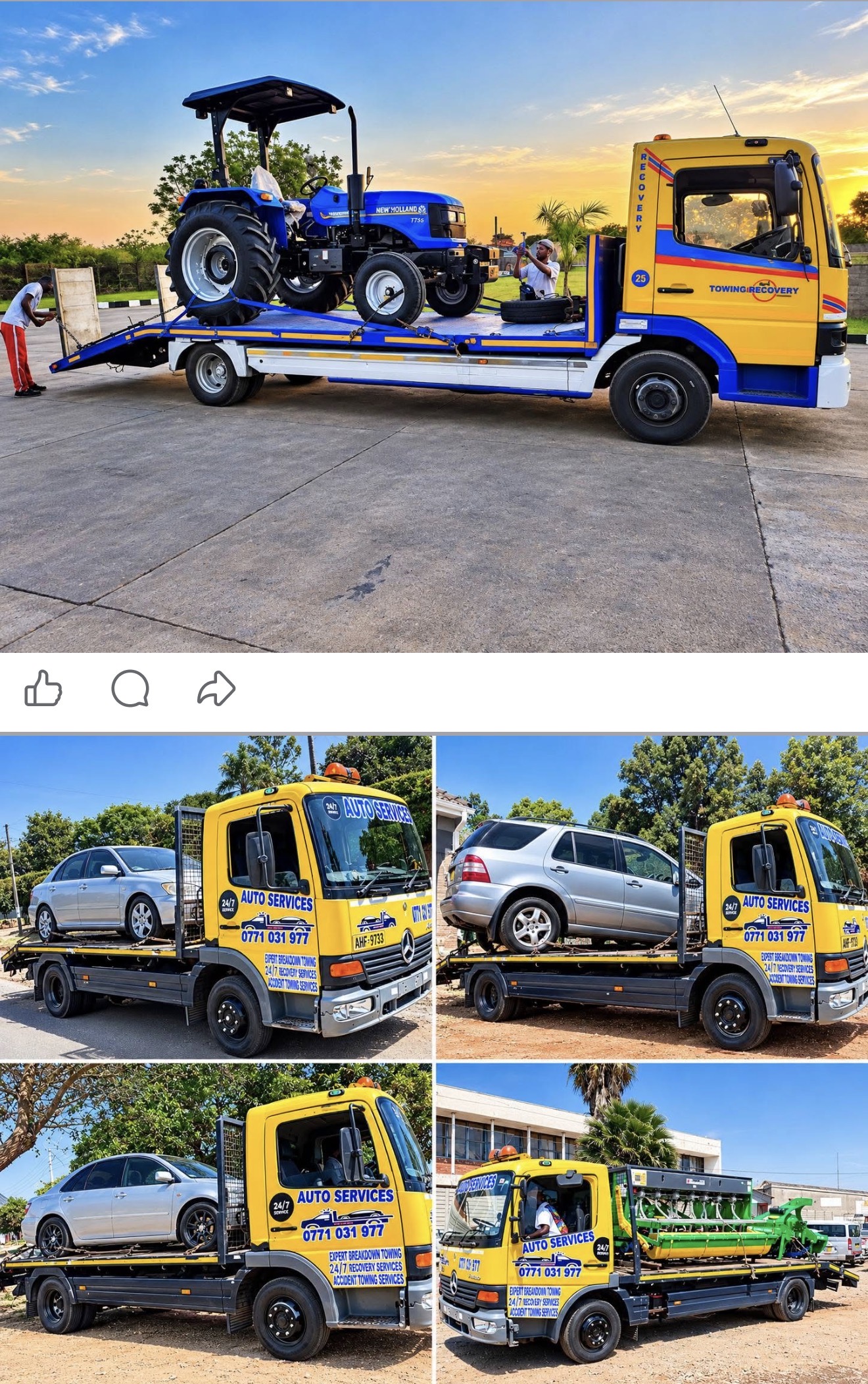 Flatbed recovery trucks transporting cars, a tractor and agricultural machinery